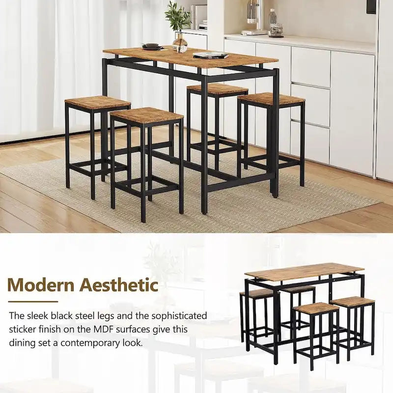 Set da bar 5 pezzi con 4 sgabelli, 4 posti, colore marrone/rovere/marrone scuro
