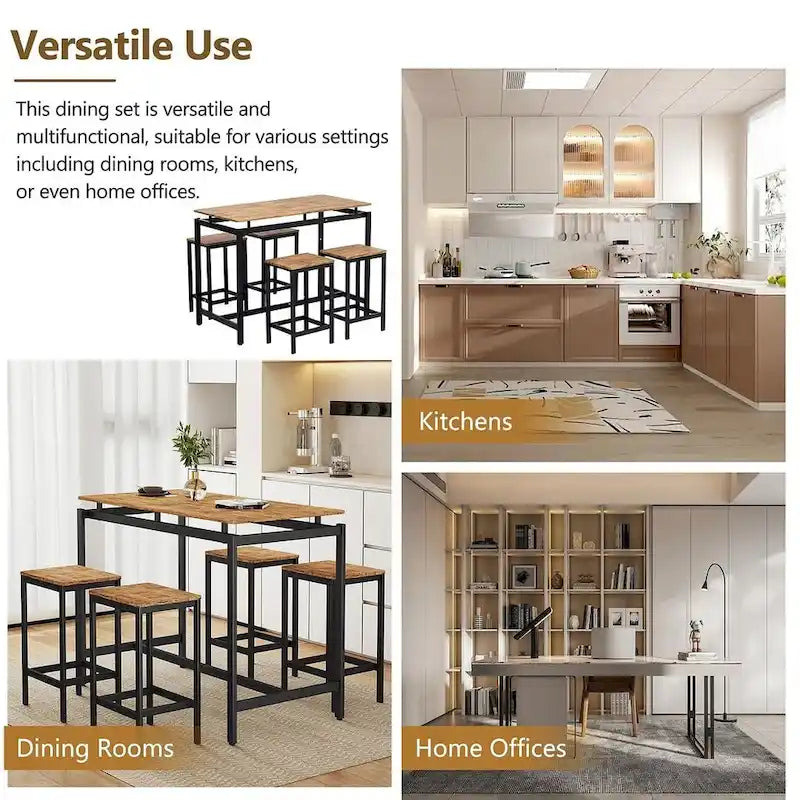 Set da bar 5 pezzi con 4 sgabelli, 4 posti, colore marrone/rovere/marrone scuro