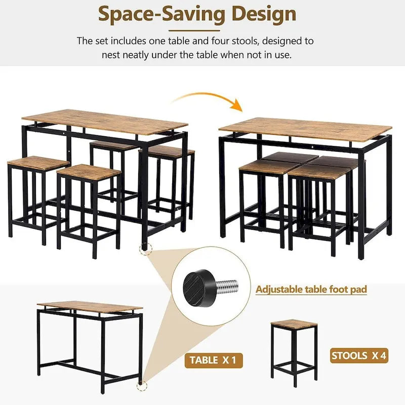 Set da bar 5 pezzi con 4 sgabelli, 4 posti, colore marrone/rovere/marrone scuro