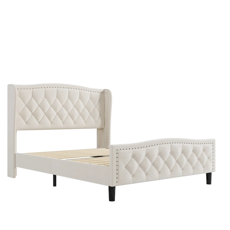 Letto imbottito a piattaforma con testiera ad ali, blu/bianco sporco – Per 2 (Queen)