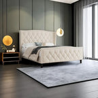 Letto imbottito a piattaforma con testiera ad ali, blu/bianco sporco – Per 2 (Queen)