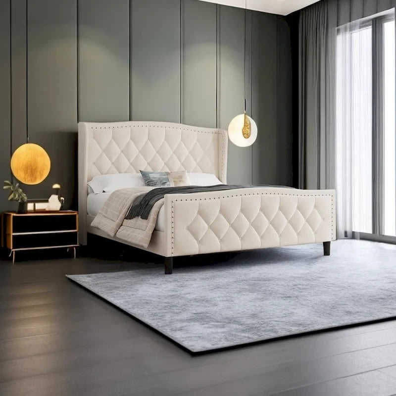 Letto imbottito a piattaforma con testiera ad ali, blu/bianco sporco – Per 2 (Queen)