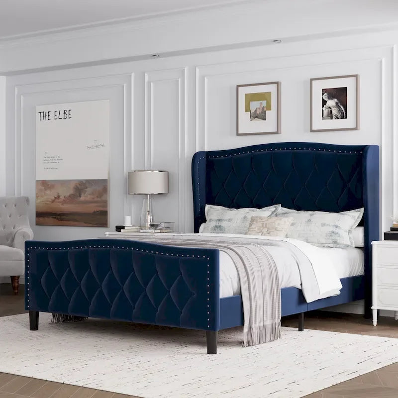 Letto imbottito a piattaforma con testiera ad ali, blu/bianco sporco – Per 2 (Queen)
