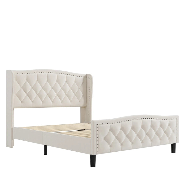 Letto imbottito a piattaforma con testiera ad ali, blu/bianco sporco – Per 2 (Queen)