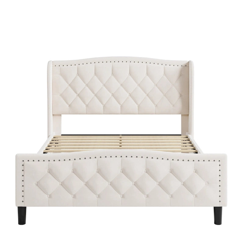 Letto imbottito a piattaforma con testiera ad ali, blu/bianco sporco – Per 2 (Queen)