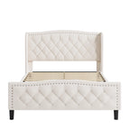 Letto imbottito a piattaforma con testiera ad ali, blu/bianco sporco – Per 2 (Queen)