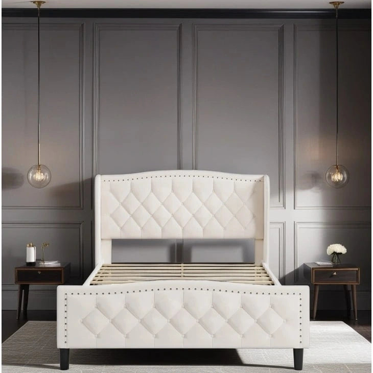 Letto imbottito a piattaforma con testiera ad ali, blu/bianco sporco – Per 2 (Queen)
