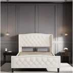 Letto imbottito a piattaforma con testiera ad ali, blu/bianco sporco – Per 2 (Queen)