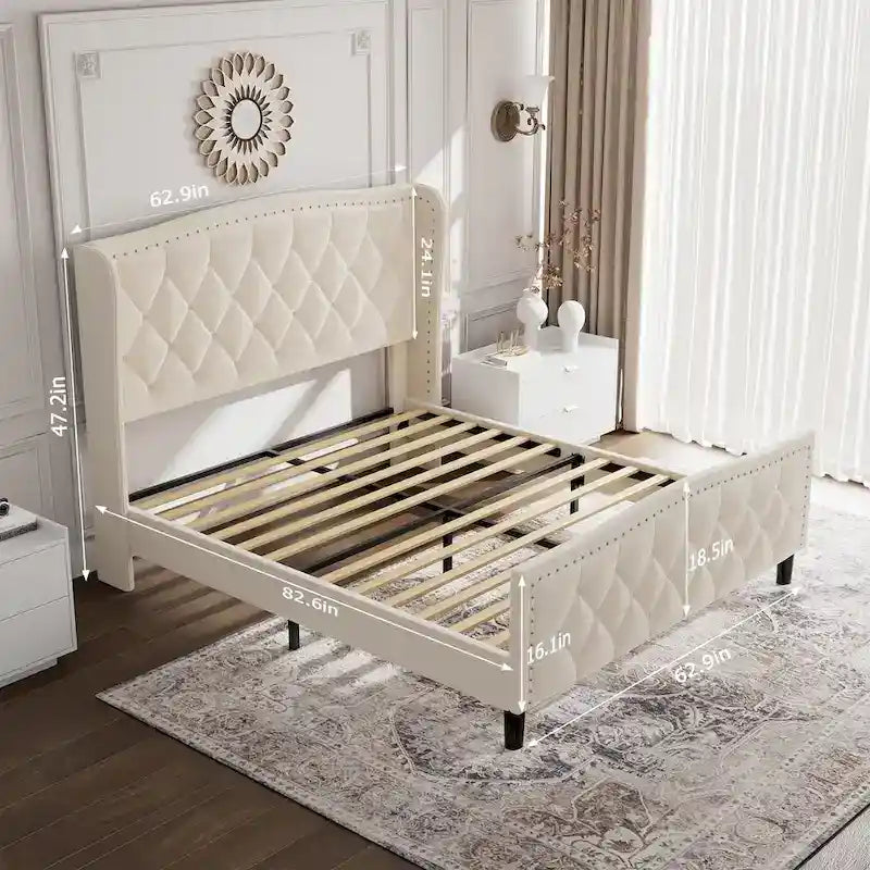 Letto imbottito a piattaforma con testiera ad ali, blu/bianco sporco – Per 2 (Queen)