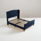 Letto imbottito a piattaforma con testiera ad ali, blu/bianco sporco – Per 2 (Queen)