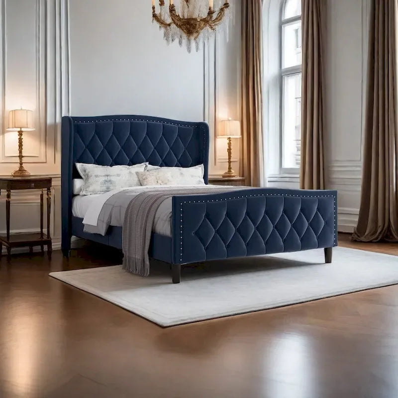 Letto imbottito a piattaforma con testiera ad ali, blu/bianco sporco – Per 2 (Queen)